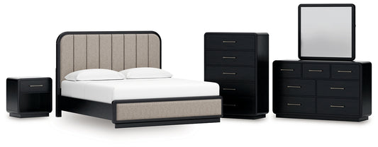 Rowanbeck King Upholstered Panel Bed with Mirrored Dresser, Chest and Nightstand