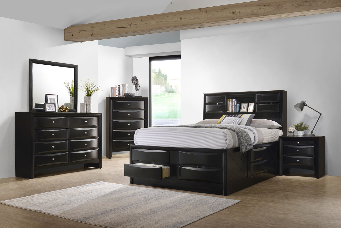 Cama con librería y almacenamiento Briana Wood Eastern King, color negro