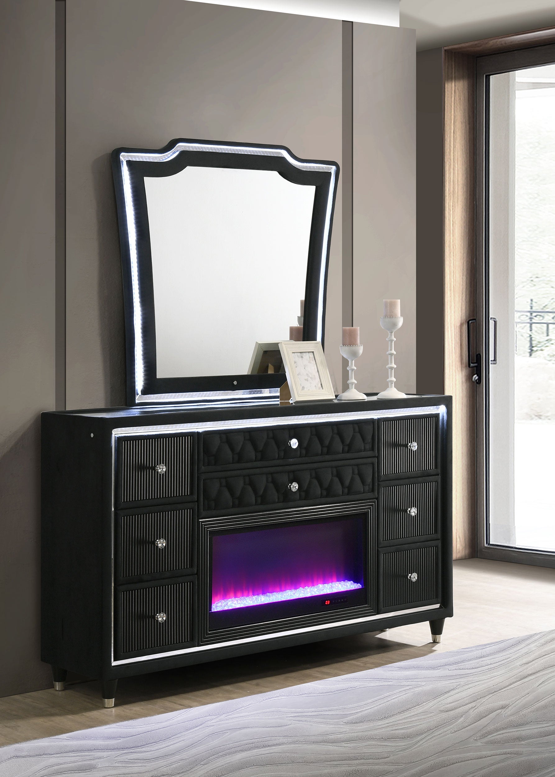 Lorient 8-Drawer LED Flame Box Dresser and Mirror Black