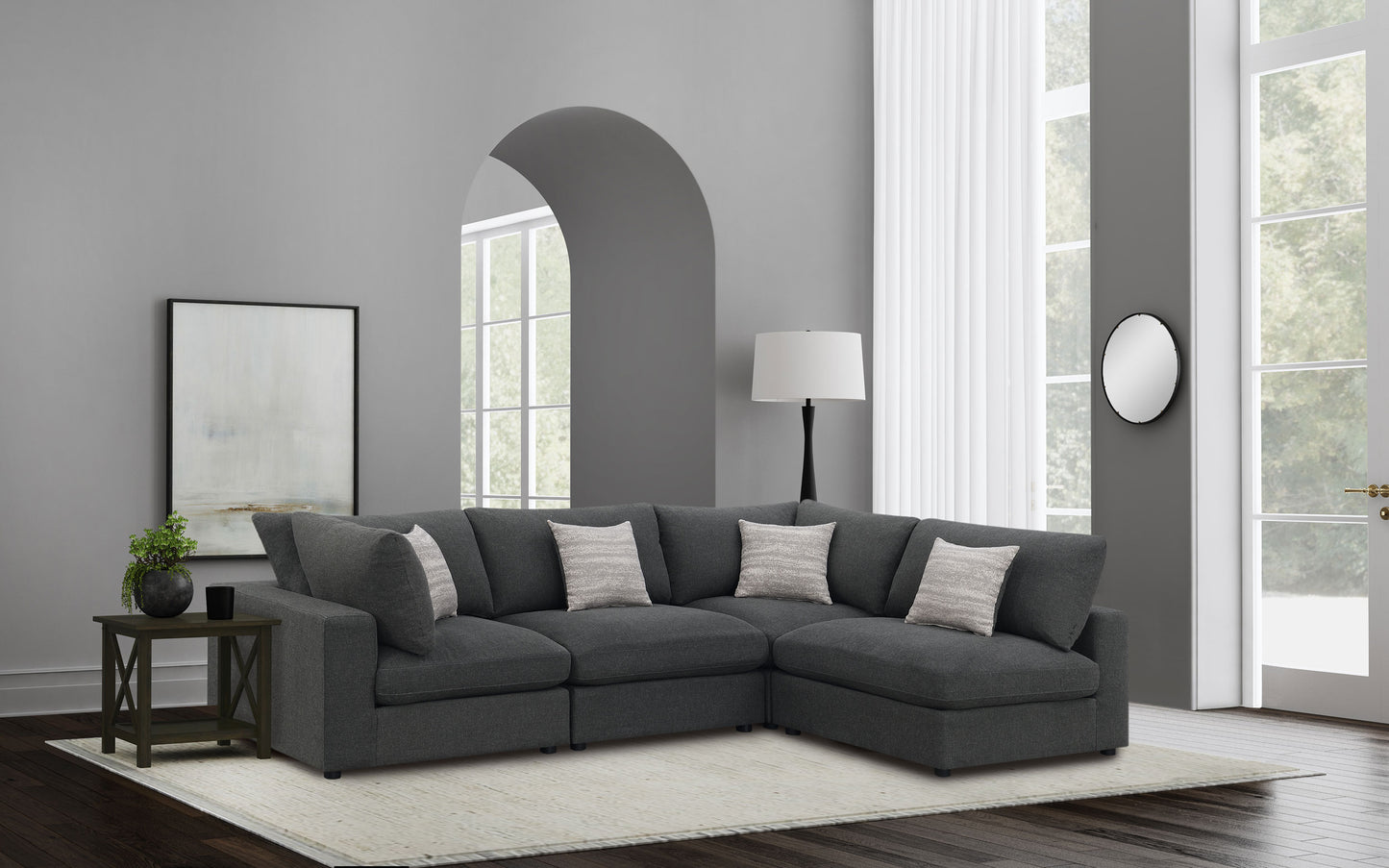 Sofá modular seccional tapizado Serene de 4 piezas en color carbón