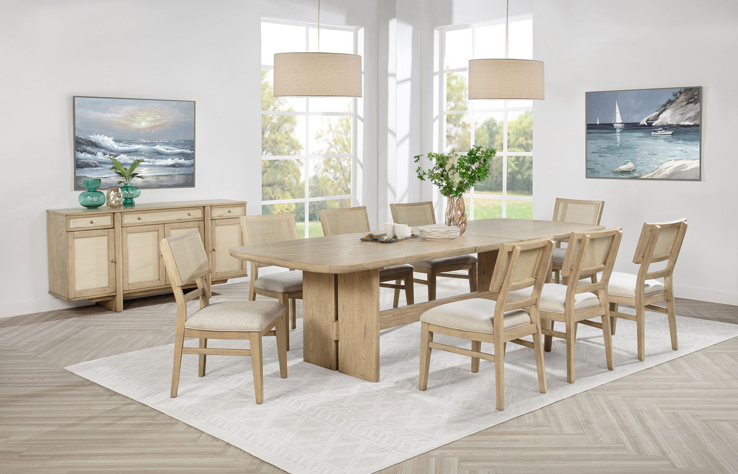 Mesa de comedor rectangular de madera Kailani de 110 pulgadas en roble beige