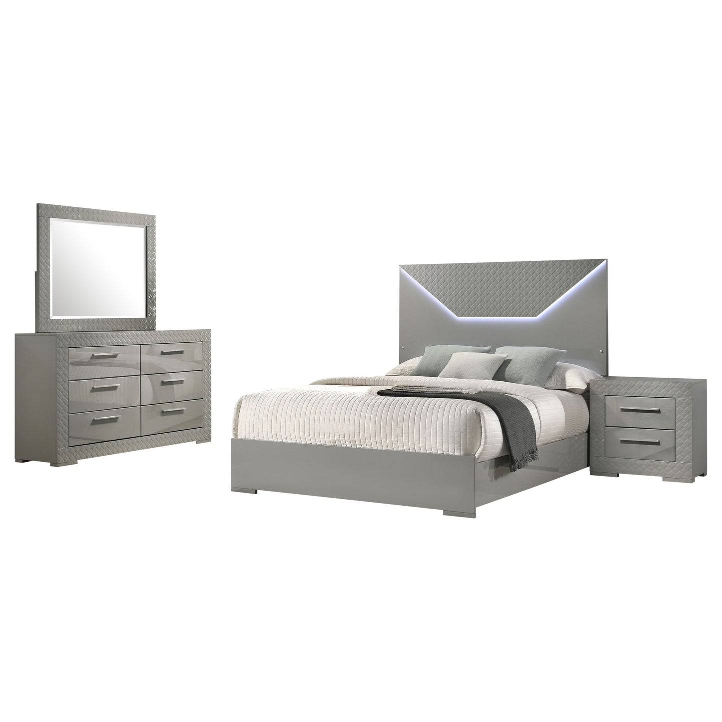 Juego de dormitorio Ives Eastern King de 4 piezas, gris, alto brillo
