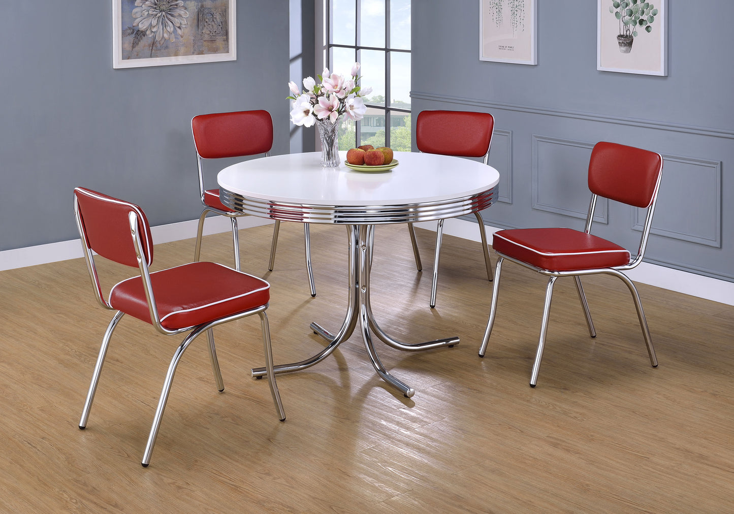Mesa de comedor redonda retro de 42 pulgadas con tablero de madera blanco y cromado