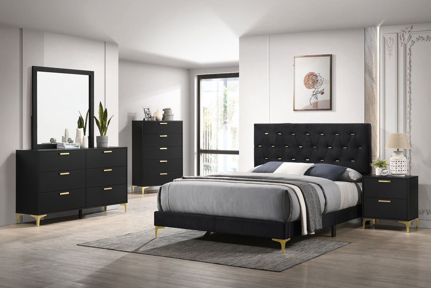 Cama tapizada Kendall California King con paneles en color negro