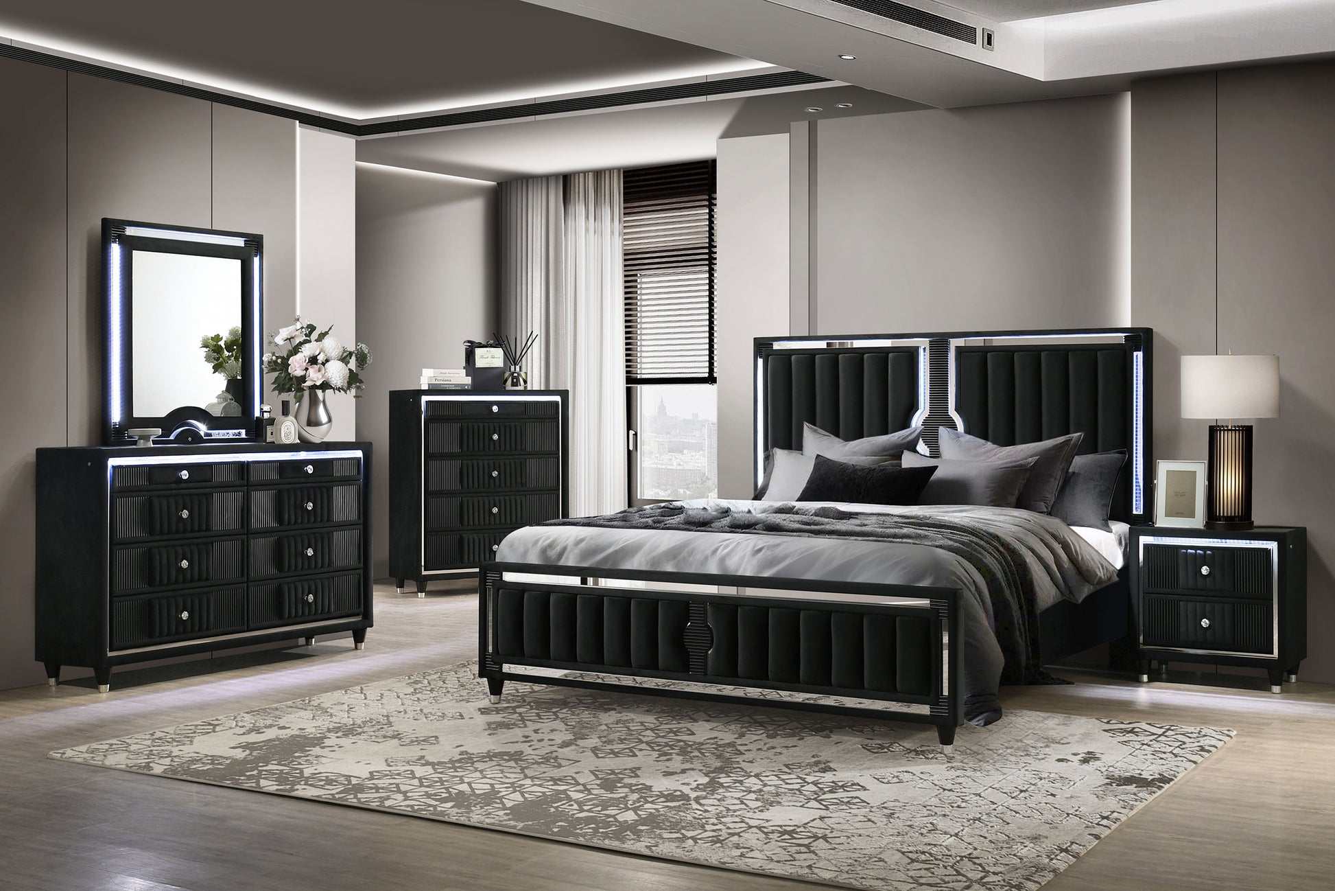 black velvet dresser set Queen Size 3-Piece Ultra-Modern Bed Set with Built-in Electric Fireplace, TV Lift, and Nightstands in Black Velvet Wrought Studio