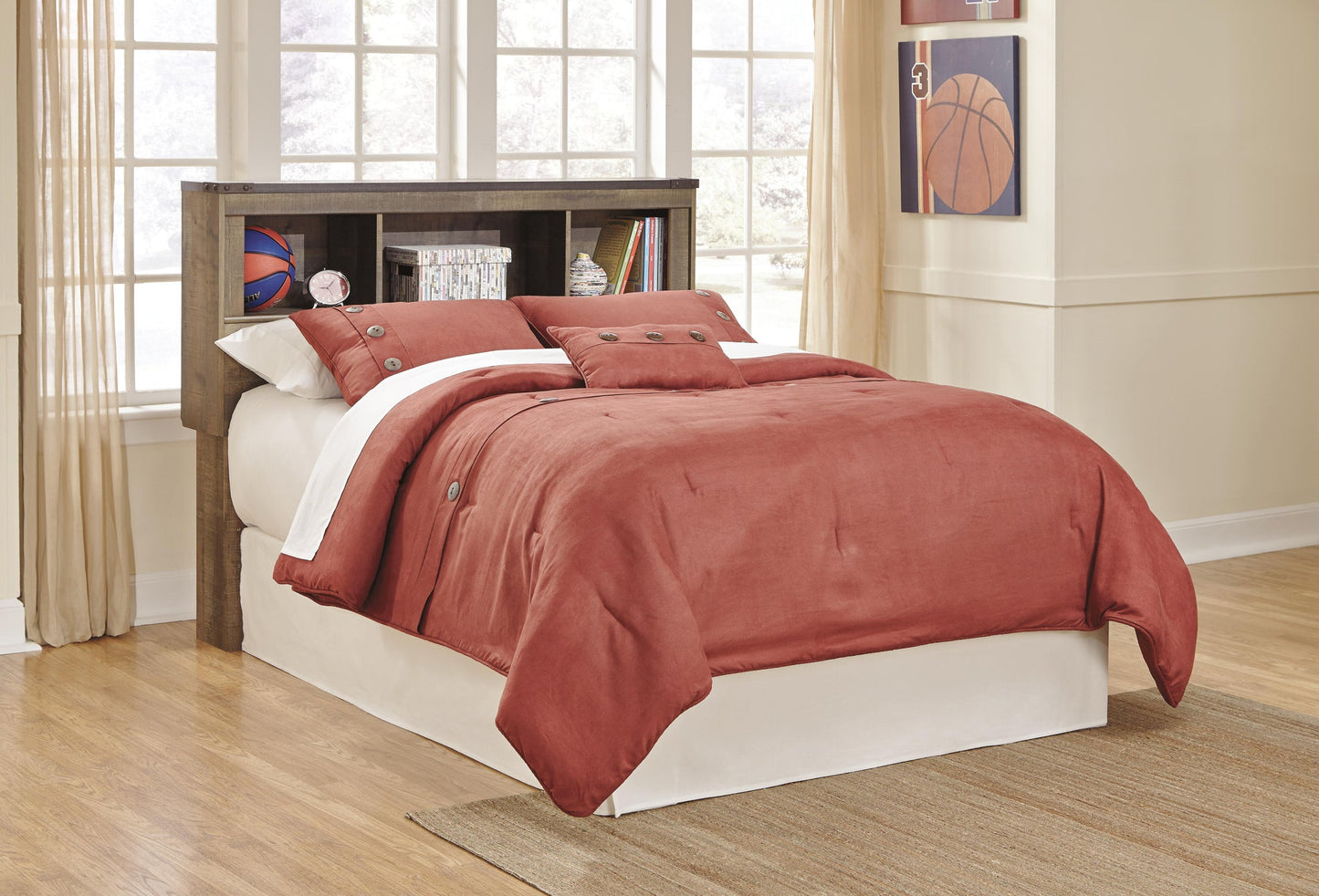 Cama con estantería completa y espacio de almacenamiento Trinell