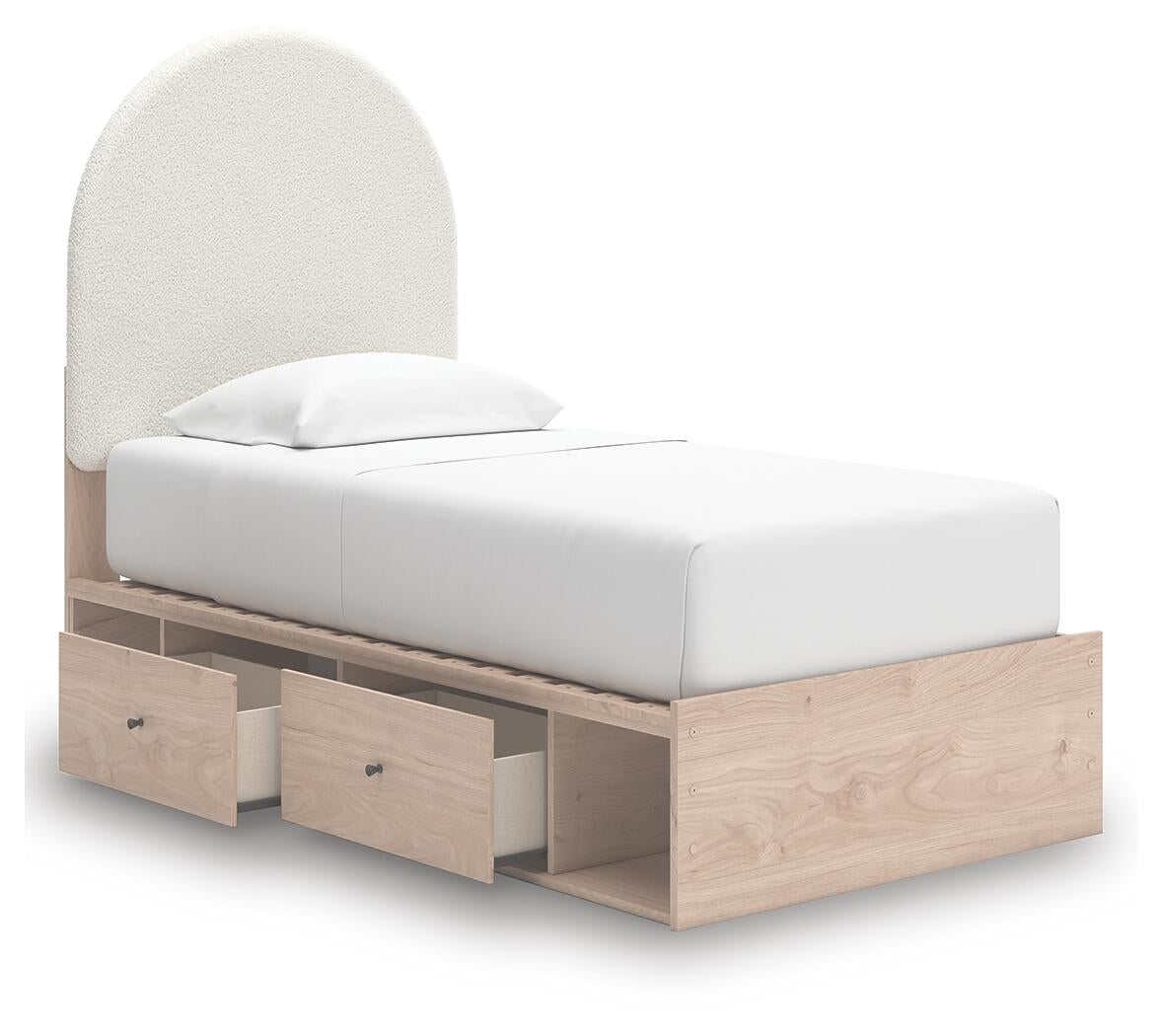 Cama individual tapizada con paneles y almacenamiento Arloster