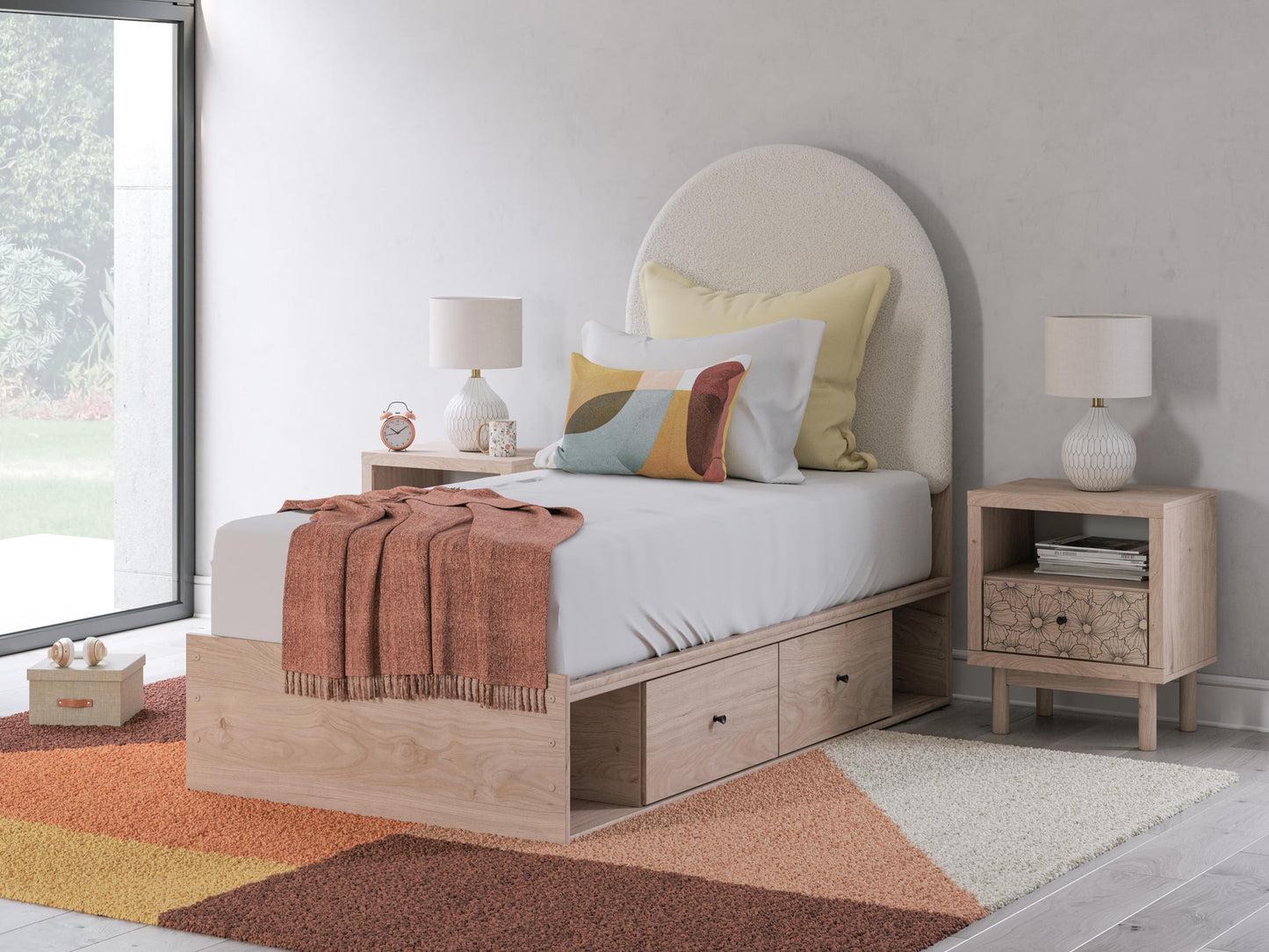 Cama individual tapizada con paneles y almacenamiento Arloster