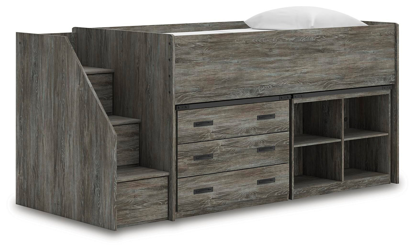 Cama alta individual Frandern con estantería y cajón de almacenamiento