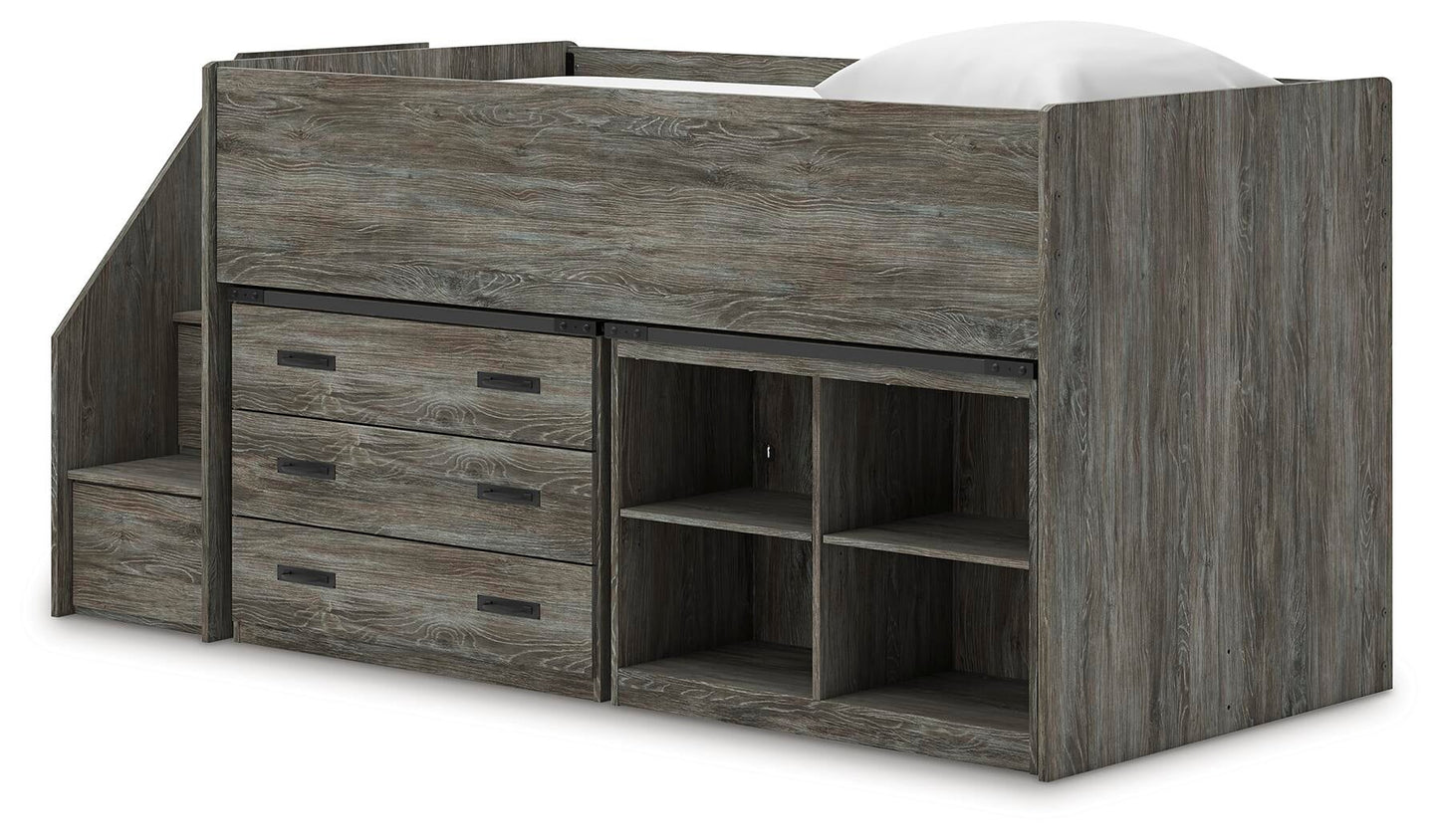 Cama alta individual Frandern con estantería y cajón de almacenamiento