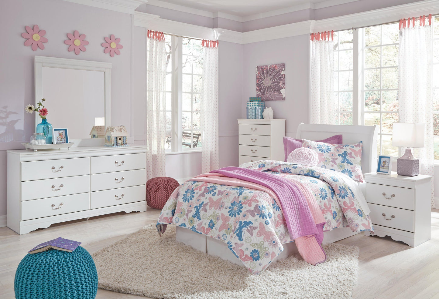 Cabecero de cama Anarasia Twin con tocador, cómoda y mesita de noche con espejo