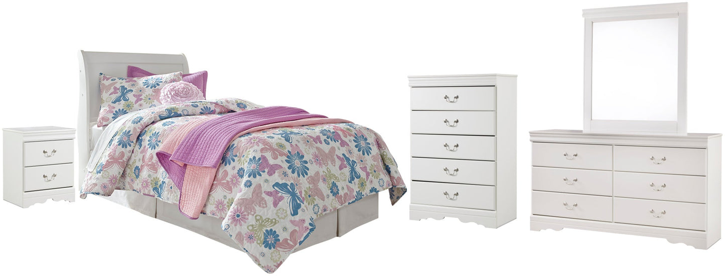 Cabecero de cama Anarasia Twin con tocador, cómoda y mesita de noche con espejo