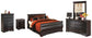 Cama Queen tipo trineo Huey Vineyard con tocador con espejo, cómoda y mesita de noche