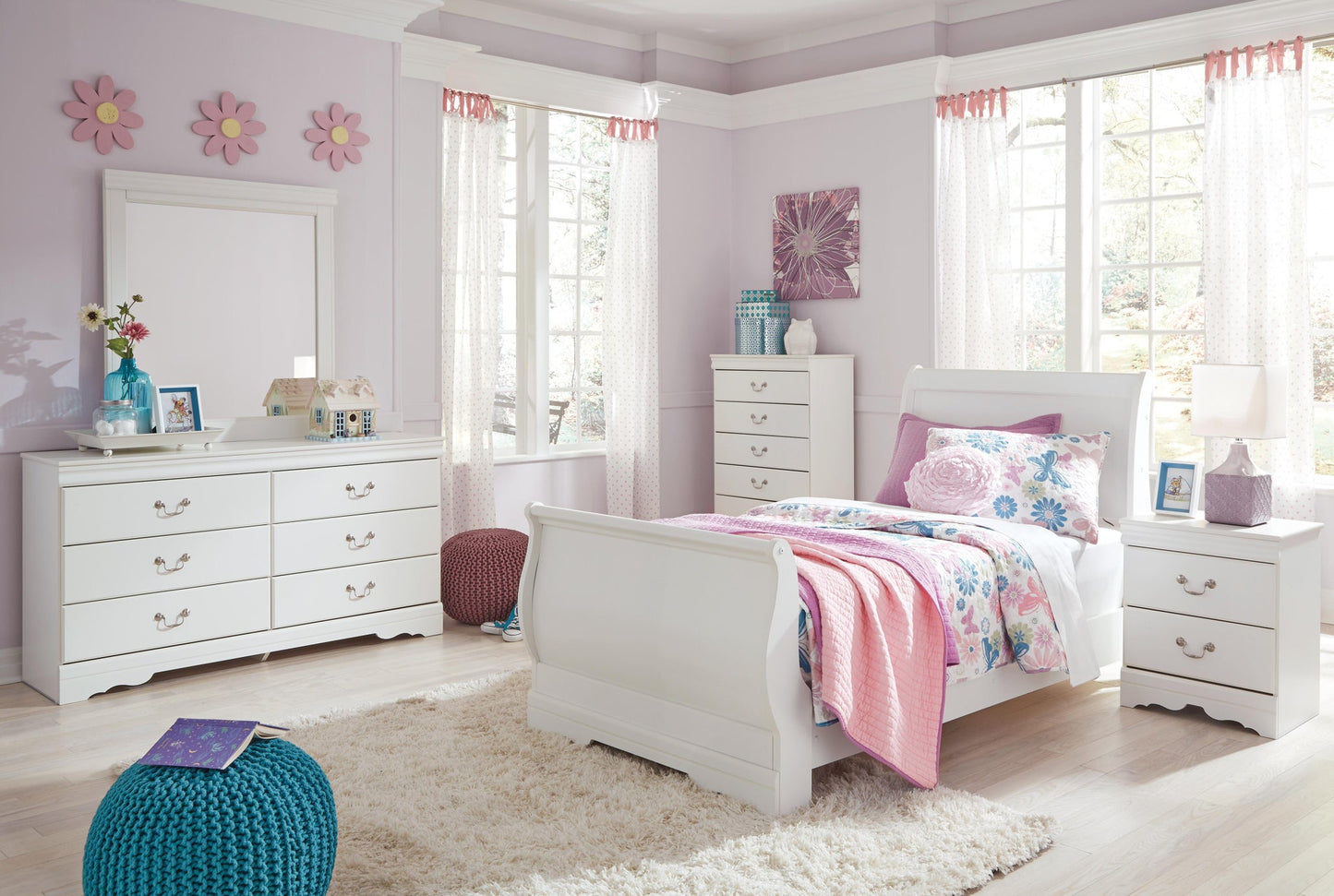 Cama Anarasia Twin con dosel, cómoda con espejo y mesita de noche