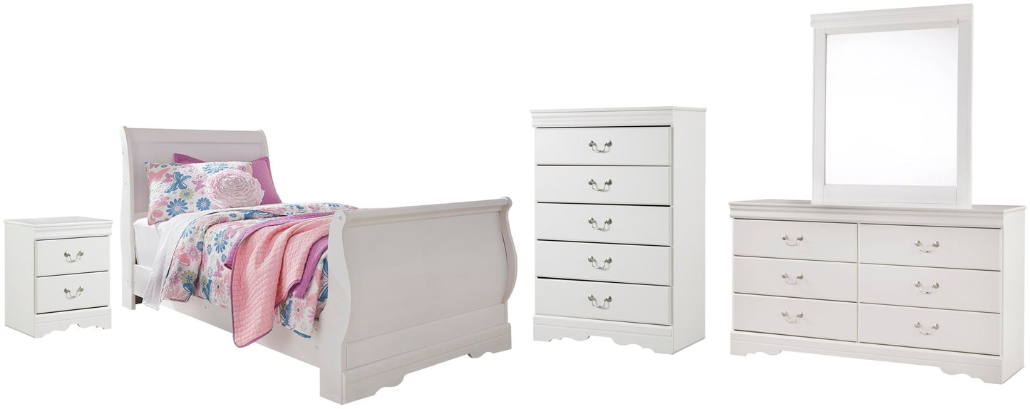 Cama Anarasia Twin con dosel, cómoda con espejo y mesita de noche
