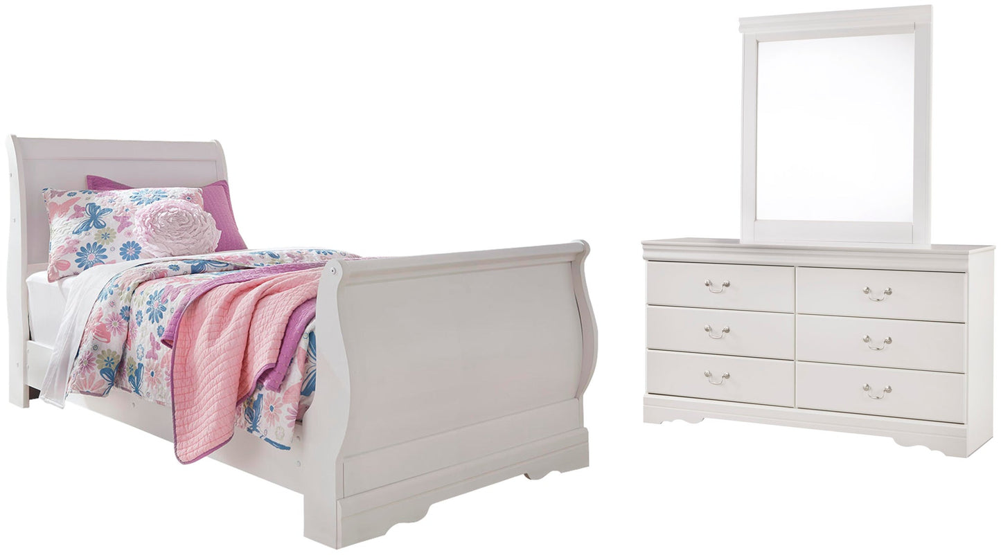 Cama Anarasia Twin tipo trineo con tocador con espejo
