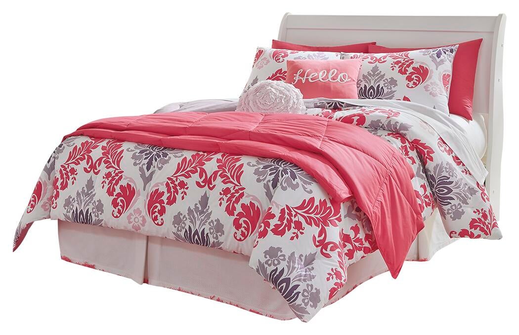Cabecero de cama Anarasia con diseño de trineo, cómoda con espejo y mesita de noche