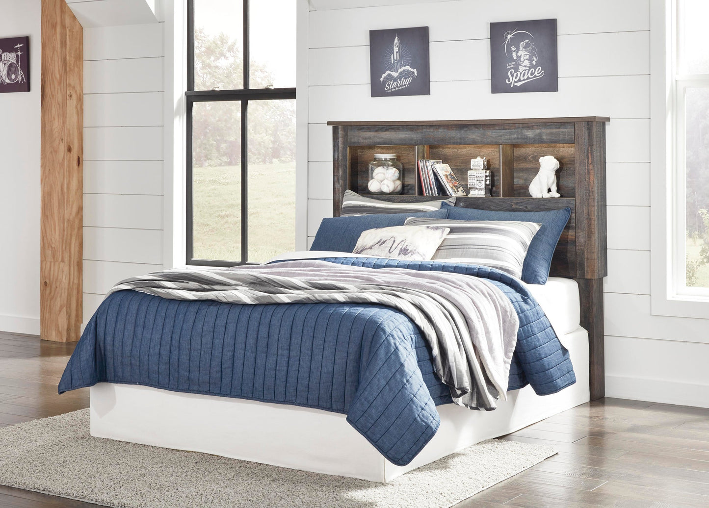 Cabecero de librería completo Drystan con cómoda con espejo, cómoda y mesita de noche