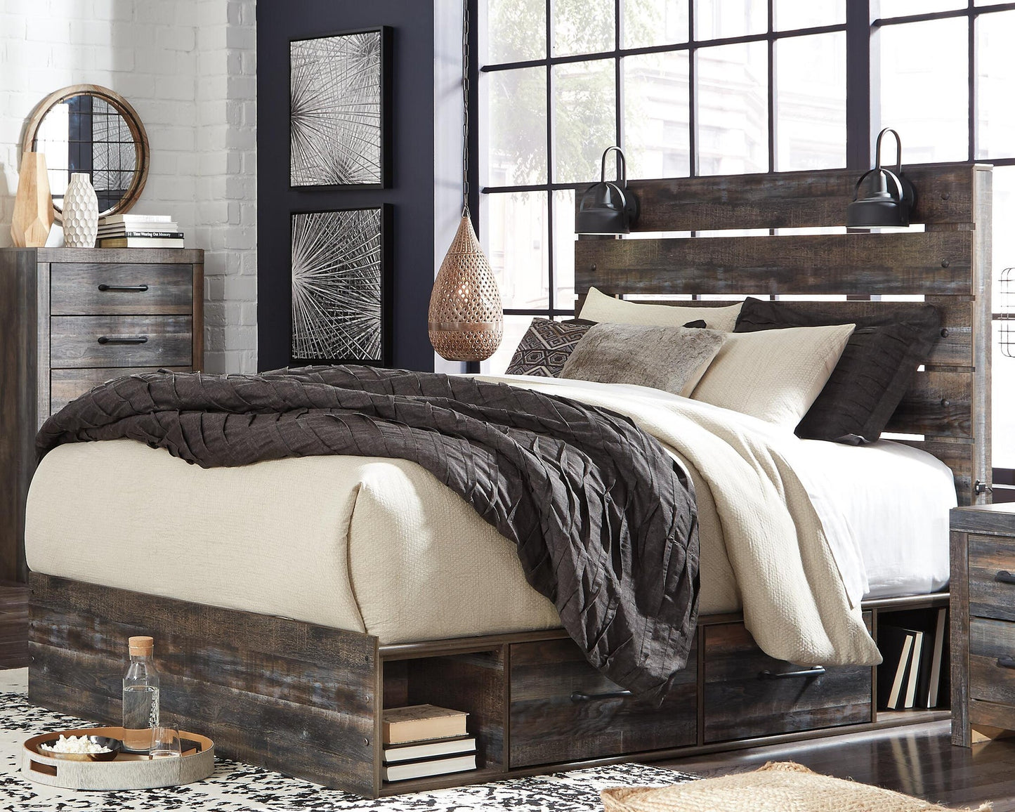 Cama Drystan Queen con 4 cajones y tocador con espejo