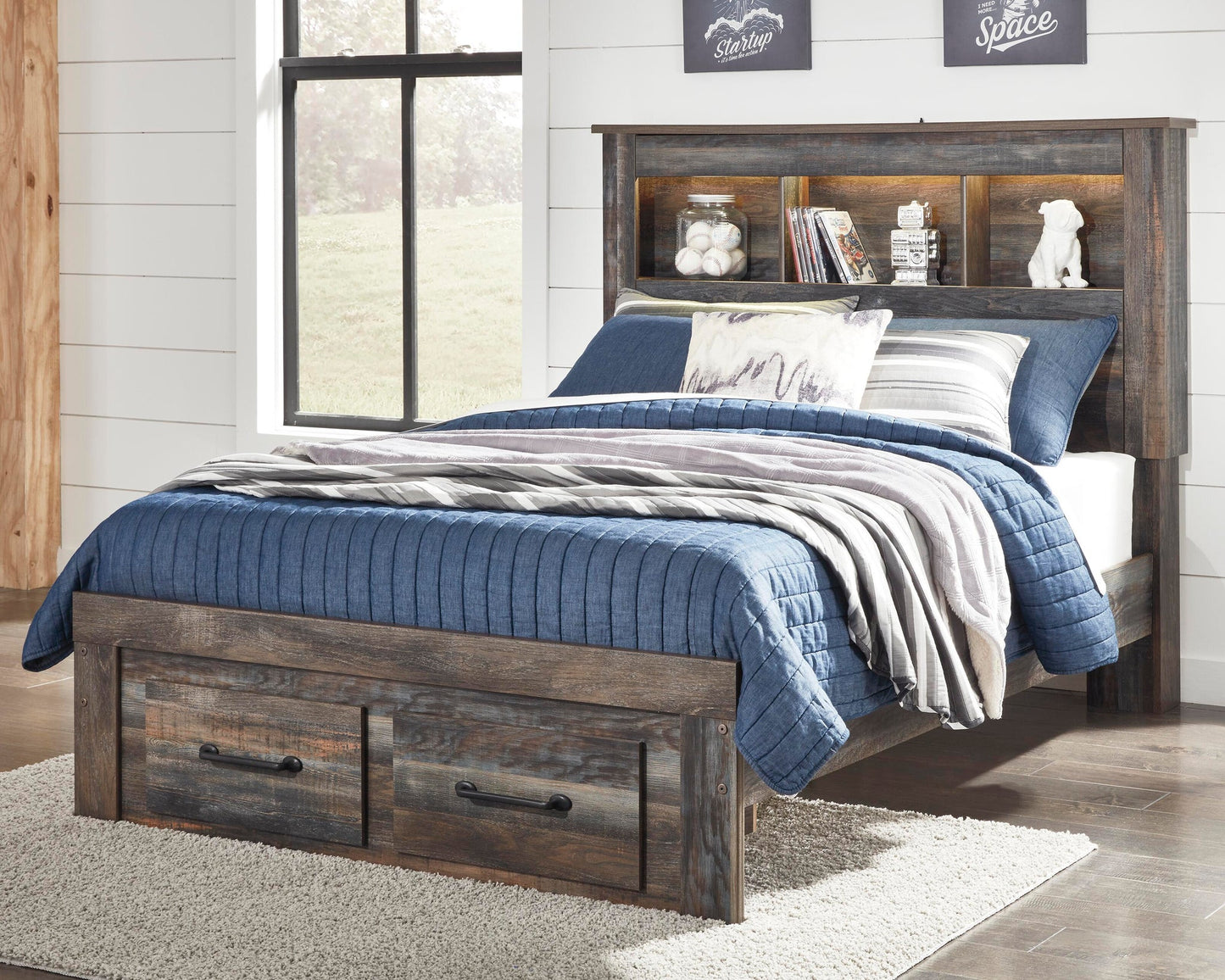 Cama con estantería completa Drystan con 2 cajones de almacenamiento, cómoda con espejo, cómoda y mesita de noche