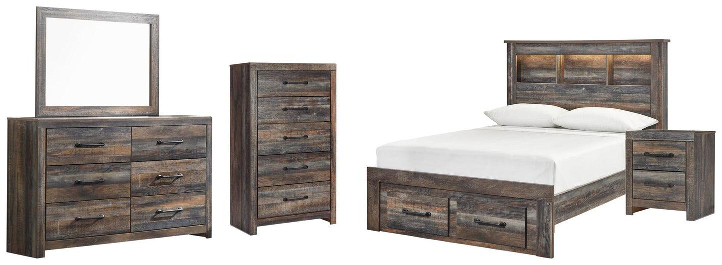 Cama con estantería completa Drystan con 2 cajones de almacenamiento, cómoda con espejo, cómoda y mesita de noche