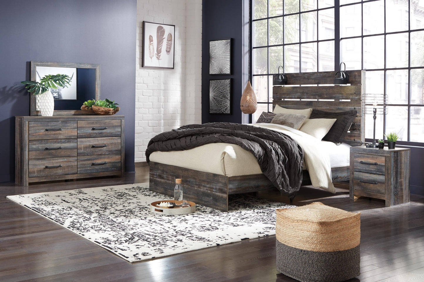 Cama Drystan Queen con paneles y tocador con espejo
