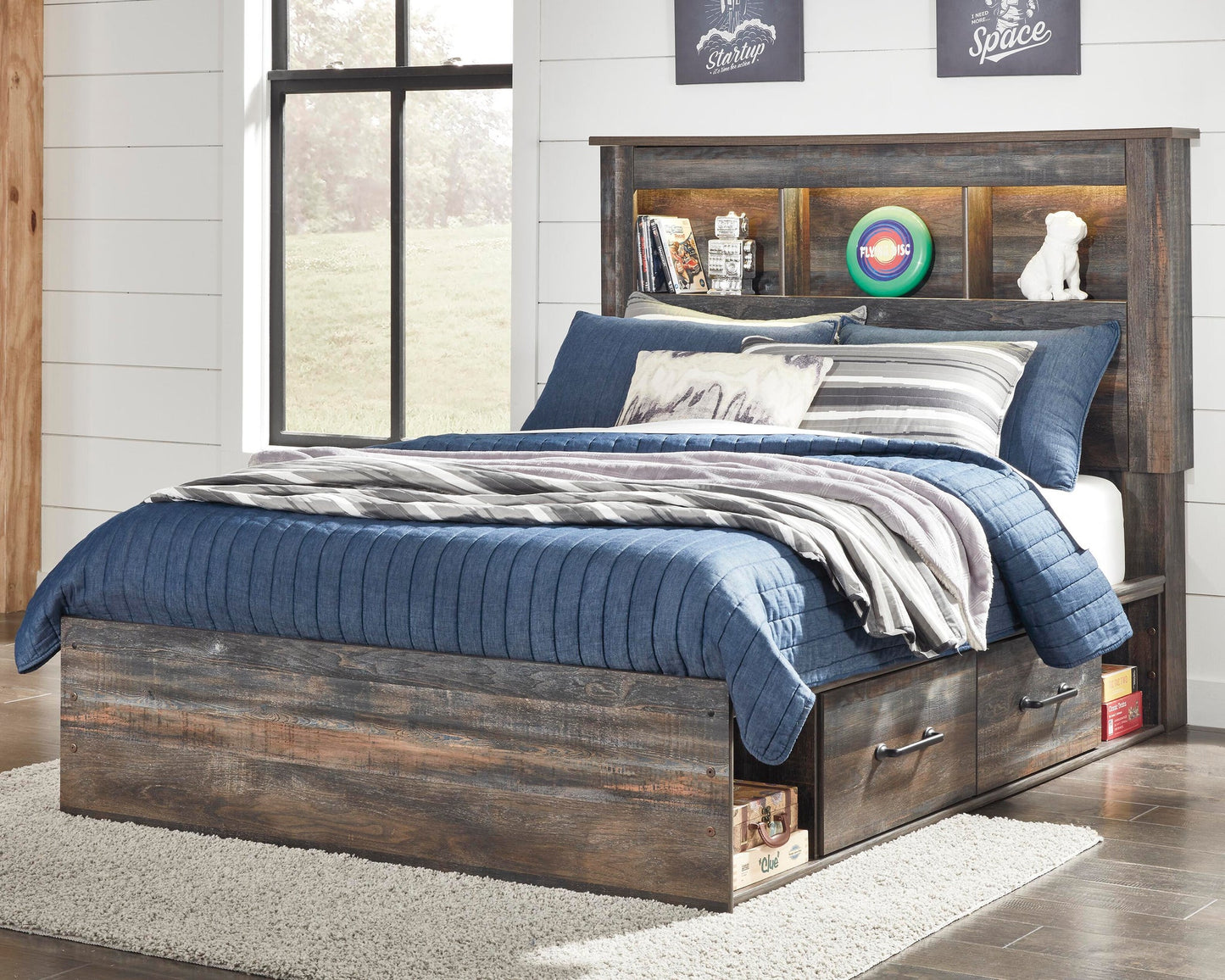 Cama con estantería completa Drystan con 4 cajones y tocador con espejo