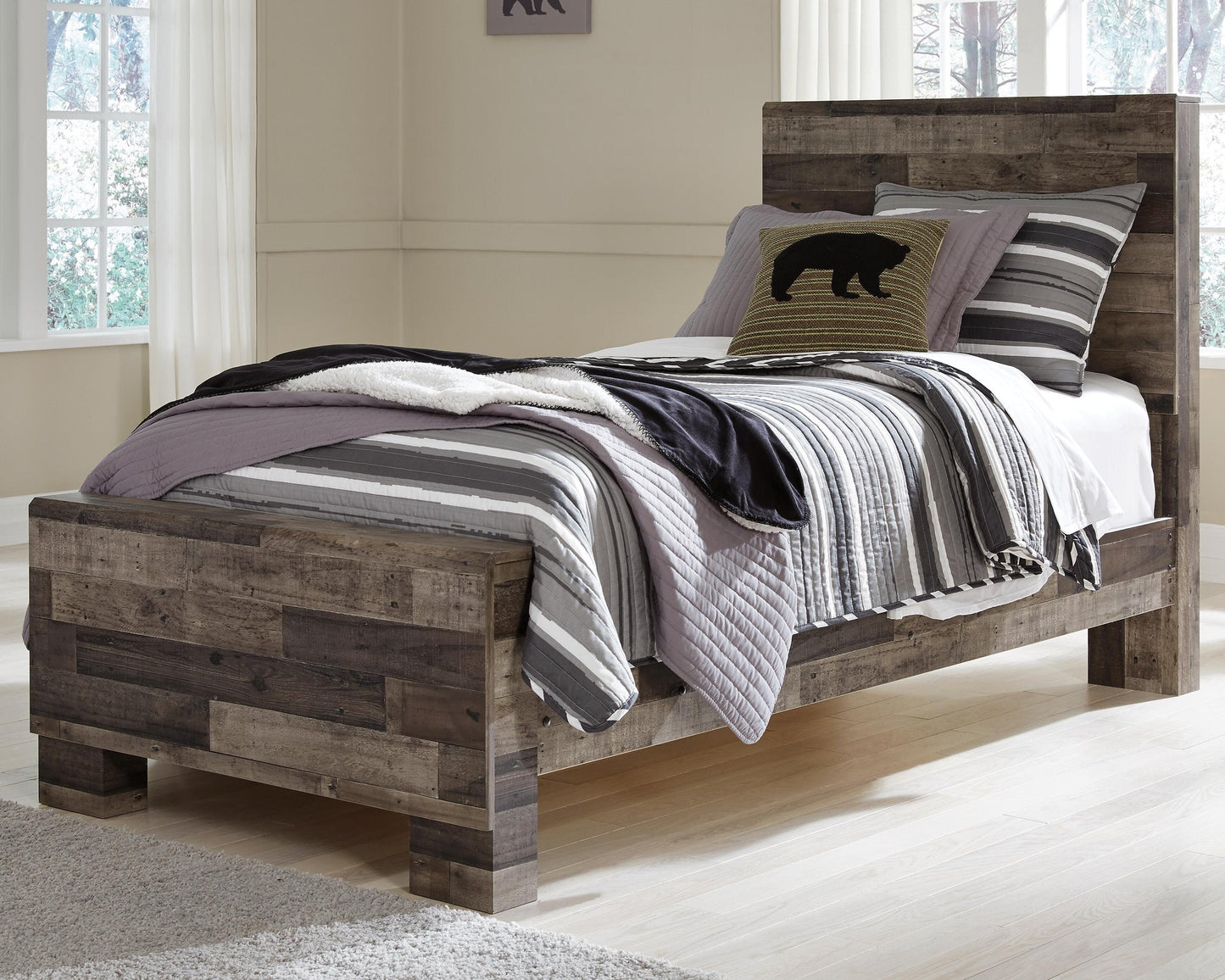 Cama individual con paneles y tocador con espejo Derekson