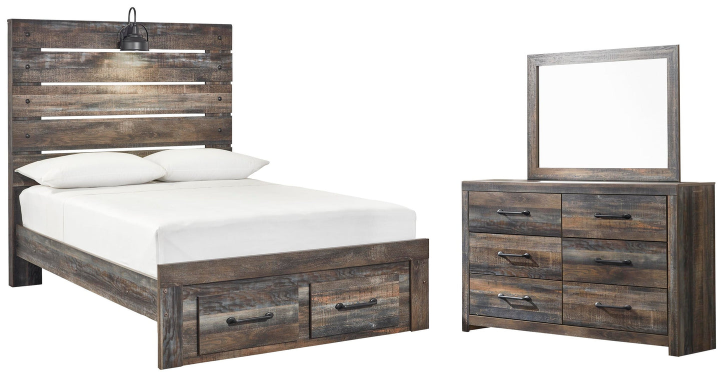 Cama Drystan de tamaño completo con dos cajones y tocador con espejo