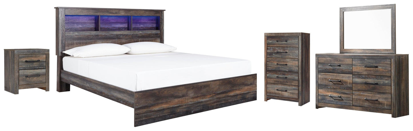 Cama con librería Drystan King con paneles, cómoda con espejo, cómoda y mesita de noche
