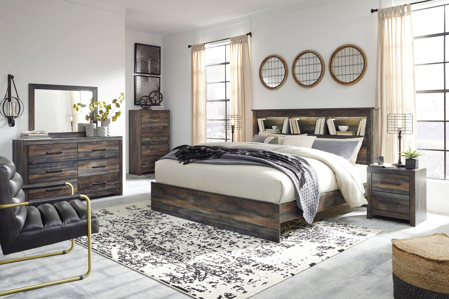 Cama con librería Drystan King con paneles, cómoda con espejo, cómoda y mesita de noche