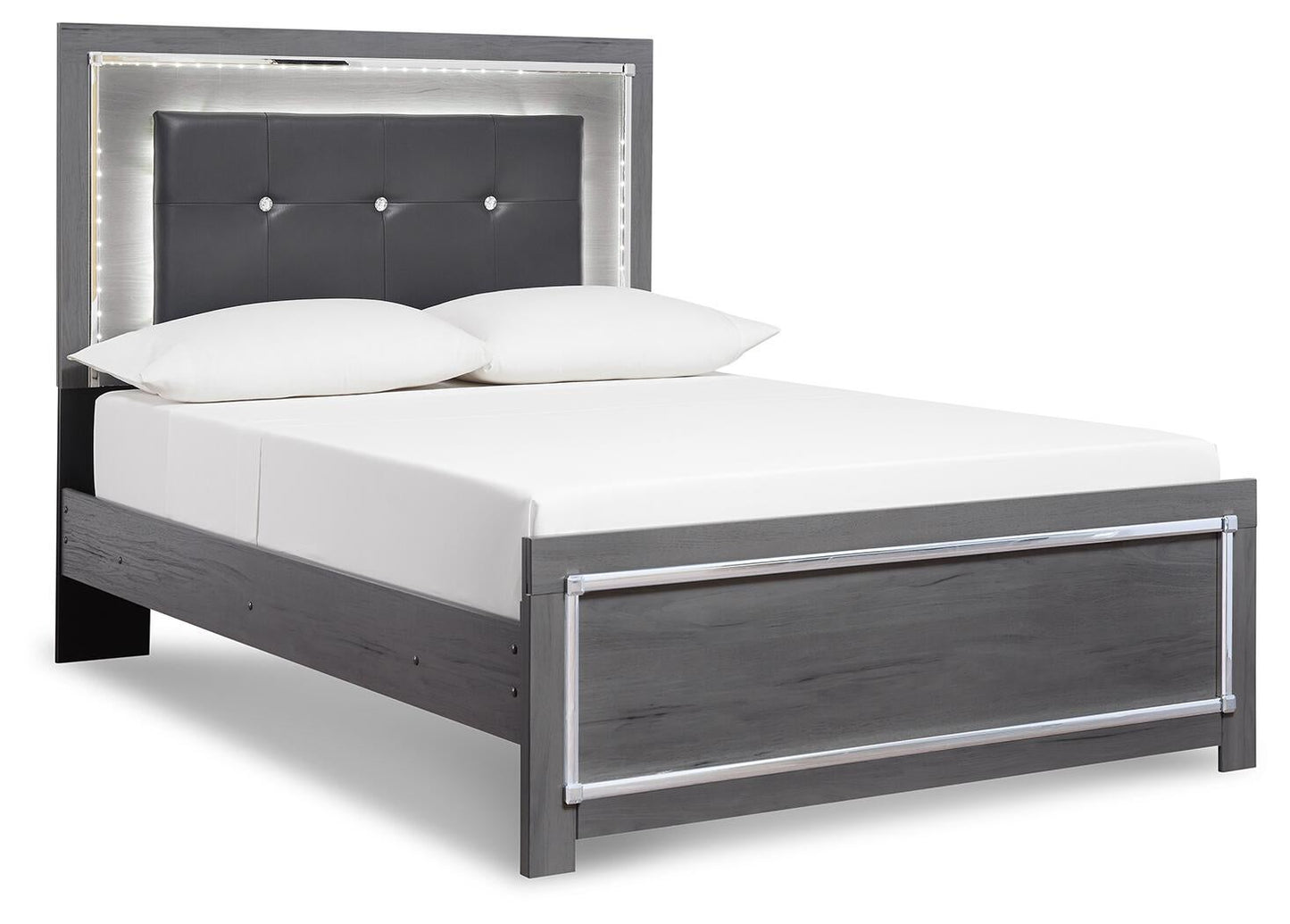 Cama Queen Lodanna con paneles, cómoda con espejo y mesita de noche