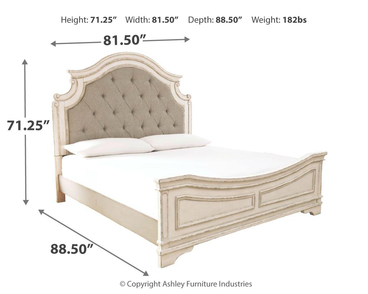 Cama tapizada Realyn King con paneles y tocador con espejo