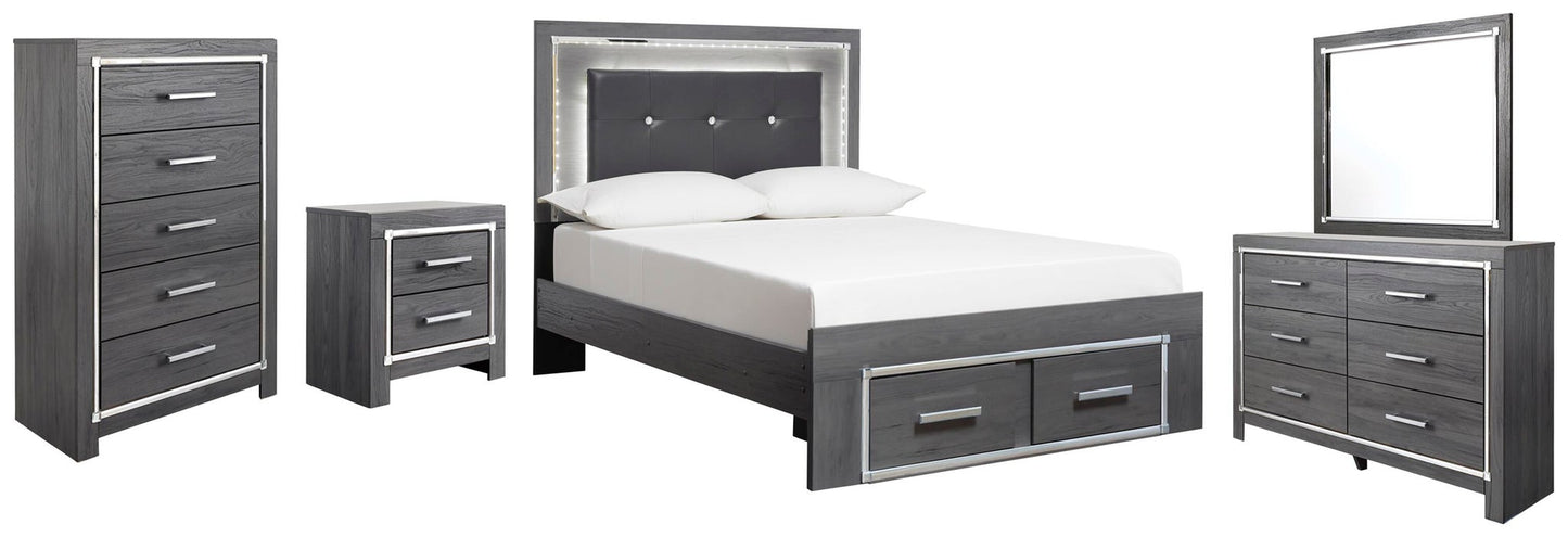 Cama Lodanna con dos cajones, cómoda con espejo y mesita de noche