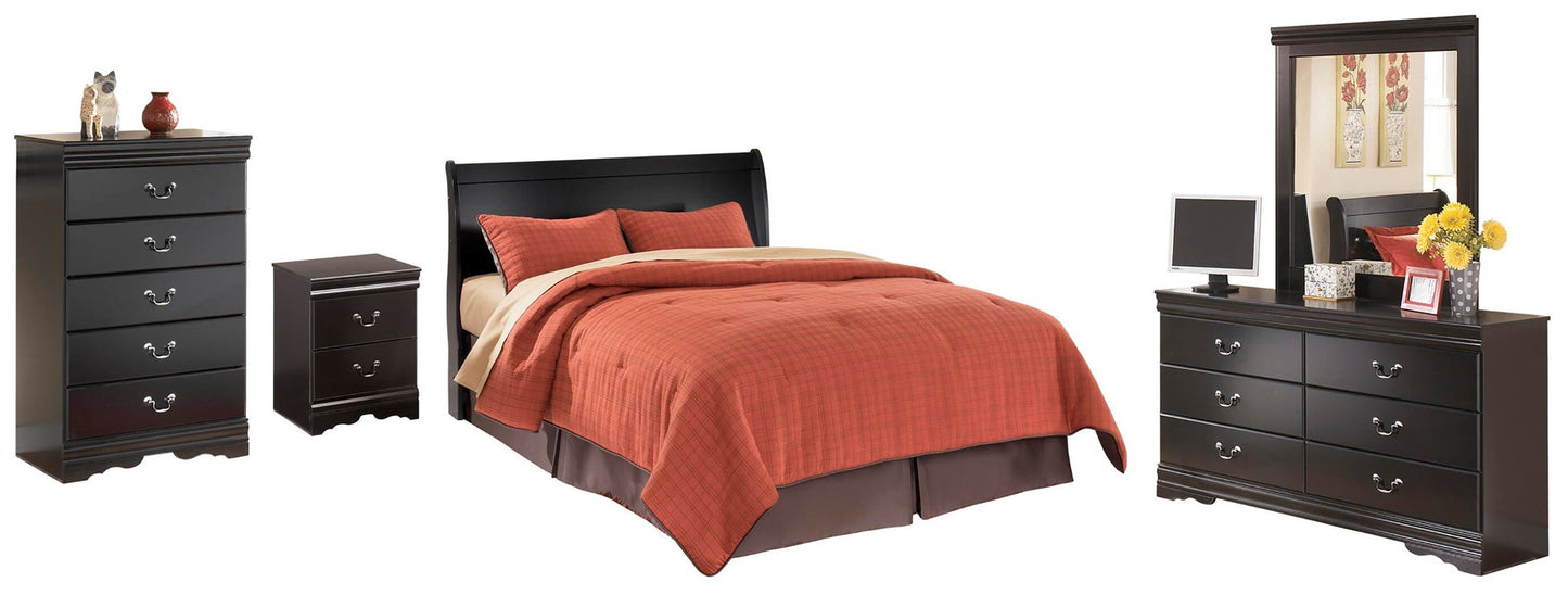 Cabecera de cama estilo trineo Queen Huey Vineyard con tocador con espejo, cómoda y mesita de noche