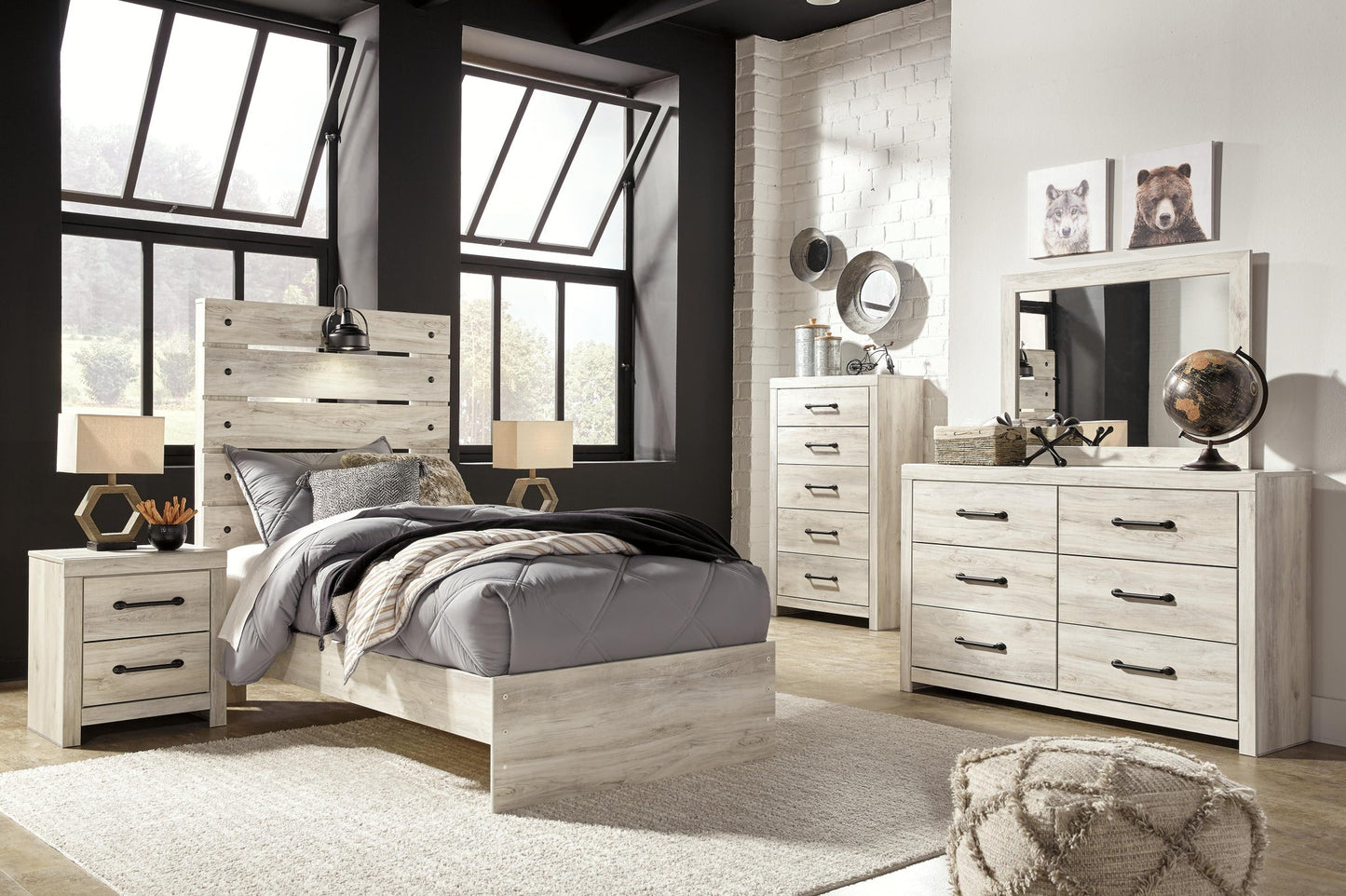 Cama doble Cambeck con paneles, cómoda con espejo y mesita de noche