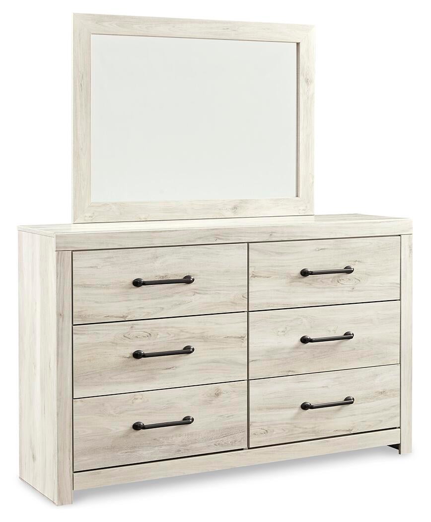 Cama doble Cambeck con paneles, cómoda con espejo y mesita de noche