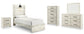 Cama doble Cambeck con paneles, cómoda con espejo y mesita de noche