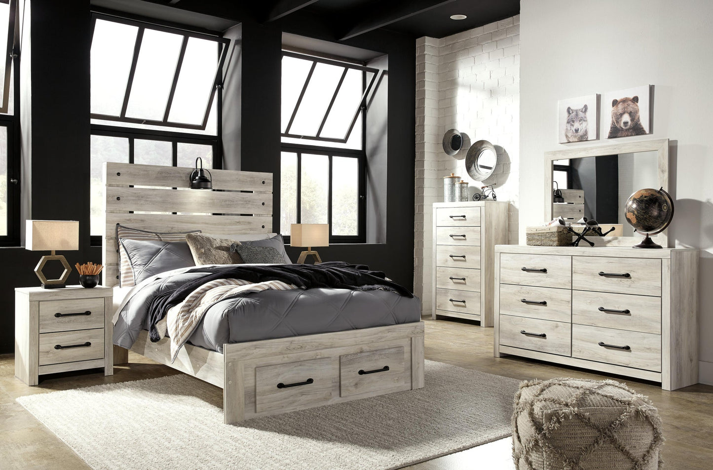 Cama completa Cambeck con 4 cajones de almacenamiento, cómoda con espejo, cómoda y mesita de noche