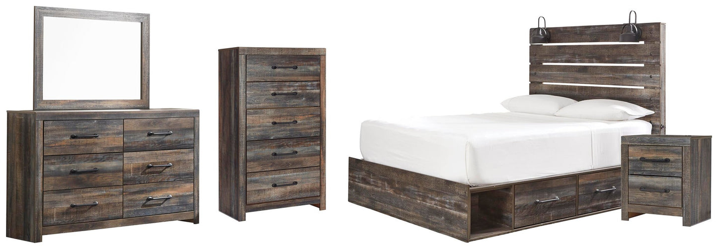 Cama Drystan Queen con dos cajones, cómoda con espejo, cómoda y mesita de noche