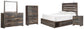 Cama Drystan Queen con dos cajones, cómoda con espejo, cómoda y mesita de noche