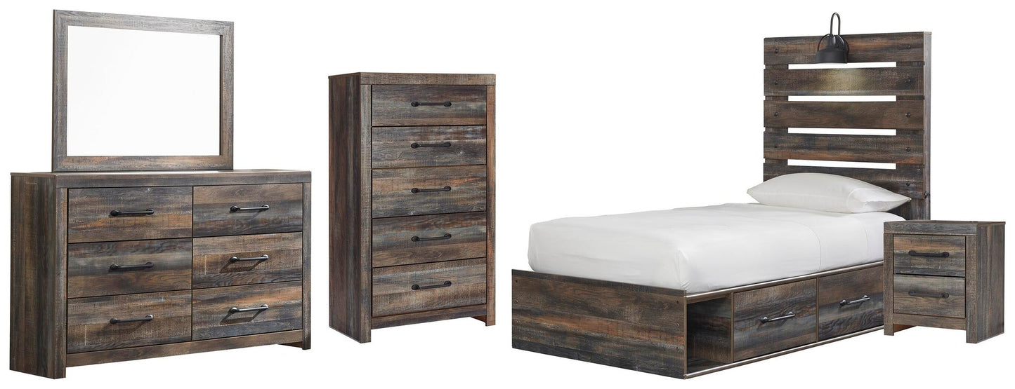 Cama doble Drystan con 4 cajones, cómoda con espejo, cómoda y mesita de noche