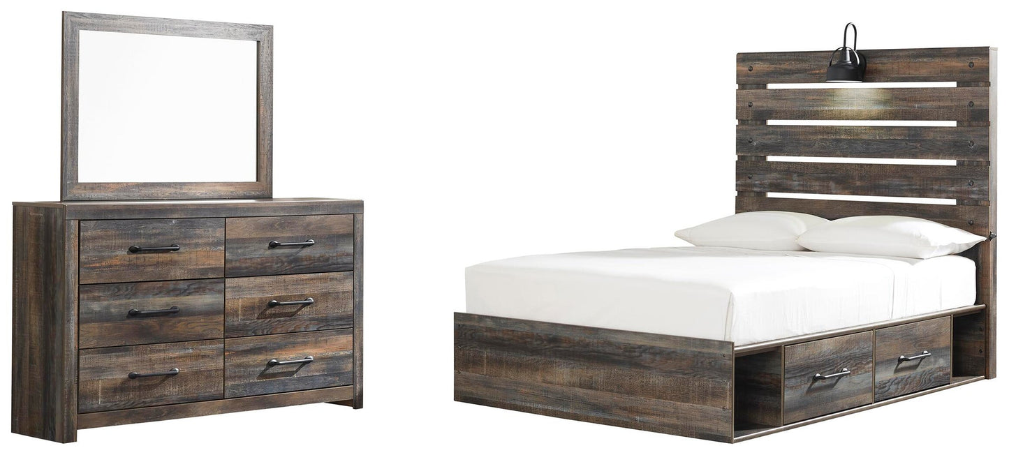 Cama Drystan de tamaño completo con 4 cajones y tocador con espejo
