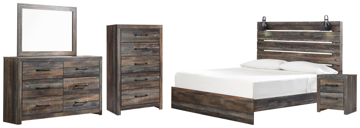 Cama Drystan King con paneles, cómoda con espejo, arcón y mesita de noche