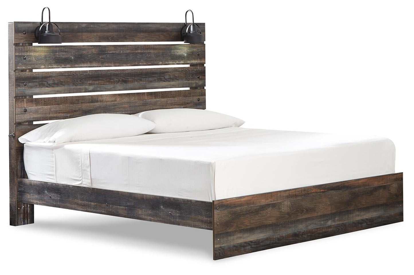 Cama Drystan King con paneles, cómoda con espejo, arcón y mesita de noche