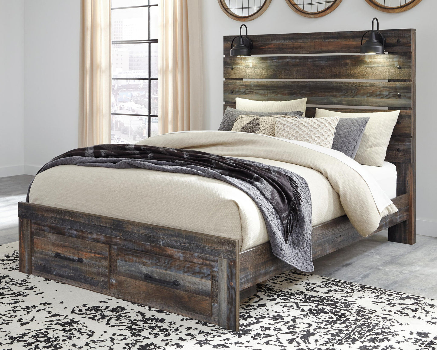 Cama Drystan Queen con dos cajones y tocador con espejo