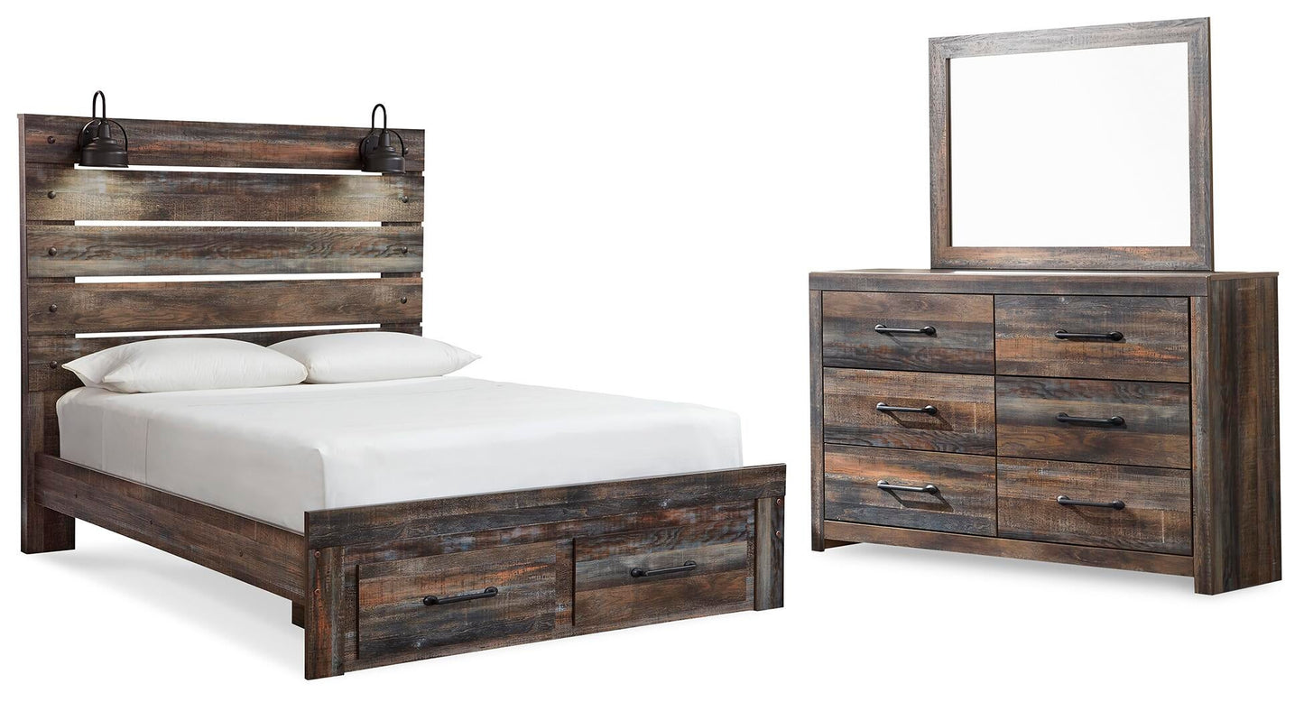 Cama Drystan Queen con dos cajones y tocador con espejo