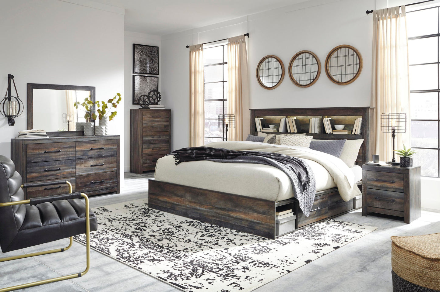 Cama Drystan King con dos cajones, cómoda con espejo, cómoda y mesita de noche