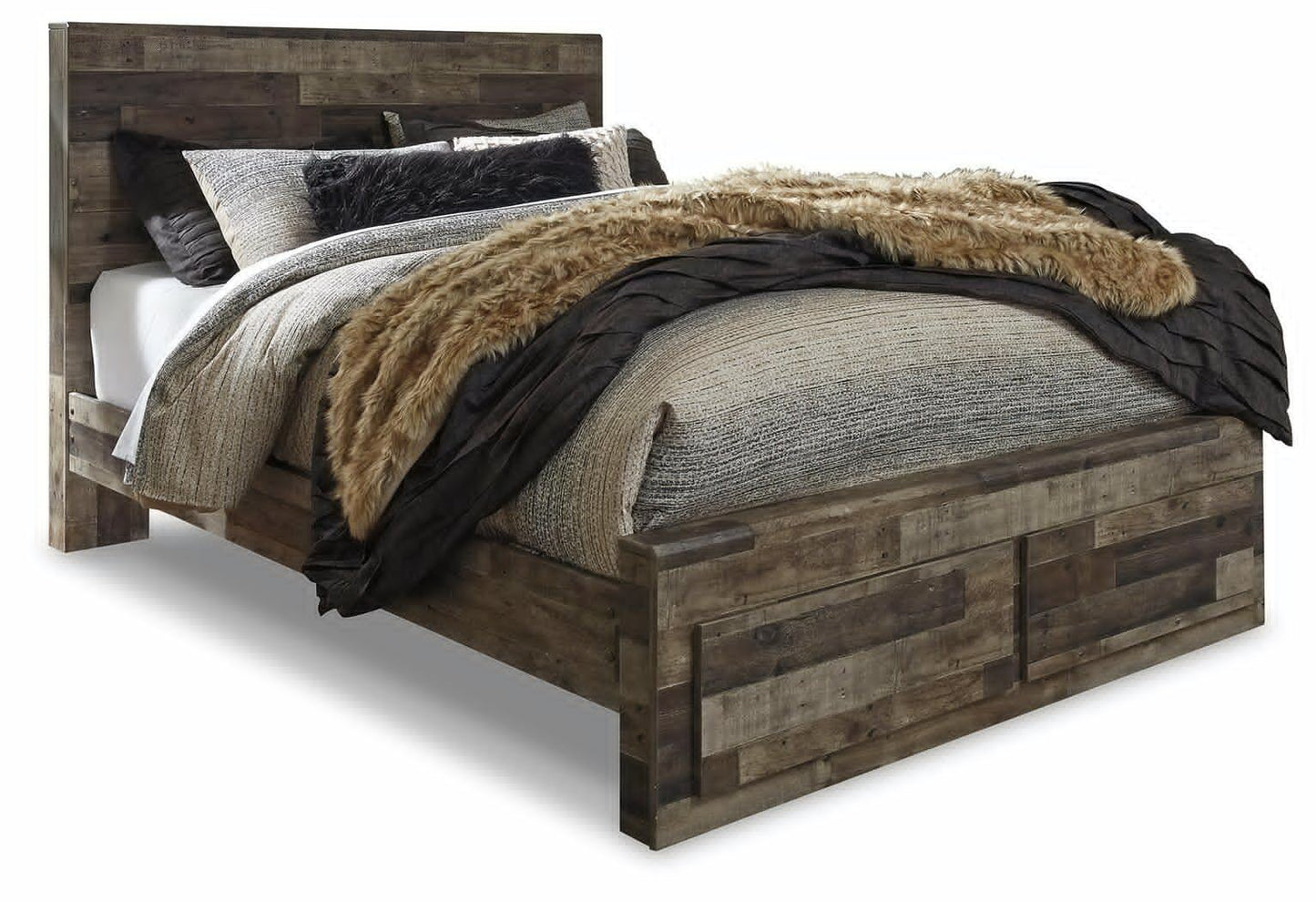 Cama Queen Derekson con dos cajones de almacenamiento, cómoda con espejo, cómoda y mesita de noche