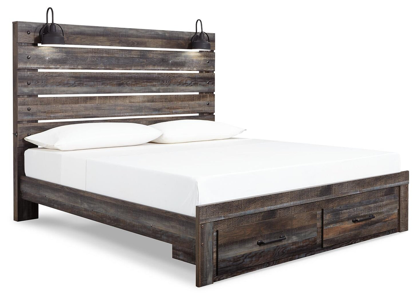 Cama Drystan King con paneles y espacio de almacenamiento, con tocador con espejo, cómoda y mesita de noche